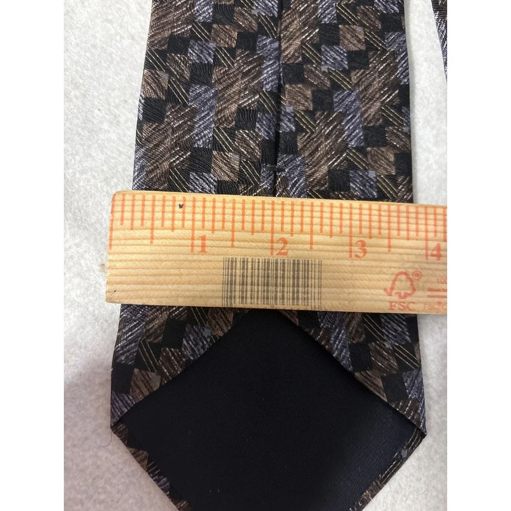 Hill & Archer Silk‎ Necktie Mens OS Brown Blue Geometric Block Pattern USA Made